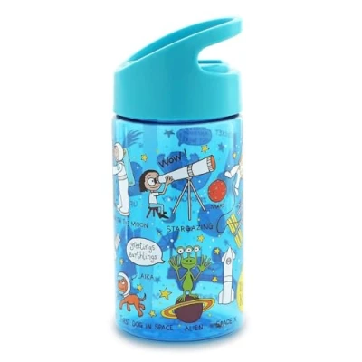 Image of Tyrrell Katz Kids Space Printed Flip Top Drinking Bottle in Blue with Straw Dishwasher Safe Lightweight Children&#039;s School Water Flask 400 ml