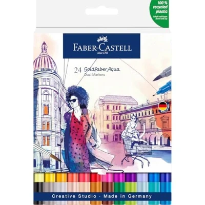 Image of Faber Castell Creative Studio Goldfaber Aqua Dual Marker, Multicoloured, Marker Wallet Of 24, For Art, Craft, Drawing, Sketching, Home, School, University, Colouring