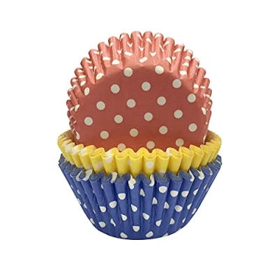Image of Anniversary House Pack of 75 Polka Dot Cupcake Cases for Baking, Baking Cups Cupcakes, Heavy Duty Greaseproof Paper, Red, Yellow, Blue, 3.2 x 5cm, J138