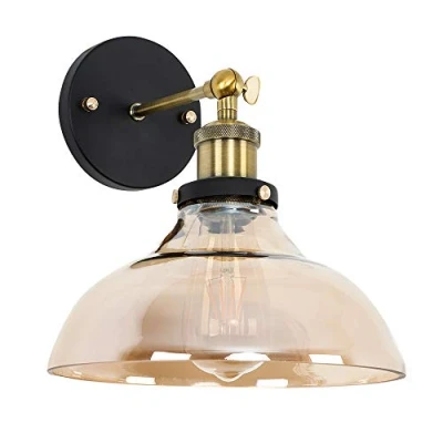 Image of MiniSun Industrial Steampunk Style Black and Gold Wall Light Fitting with an Amber Tinted Glass Wide Shade Design Complete 4w LED Filament Bulb [2700K Warm White]