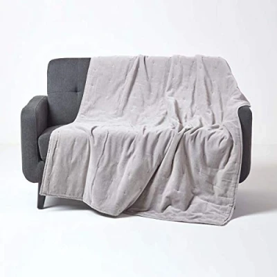 Image of HOMESCAPES Light Grey Velvet Throw Super Soft Thick Cotton Blanket with Handwoven Embroidered Dots and Quilting Reversible Bedspread Cosy Warm Bed or Sofa Throw, 125 x 150cm