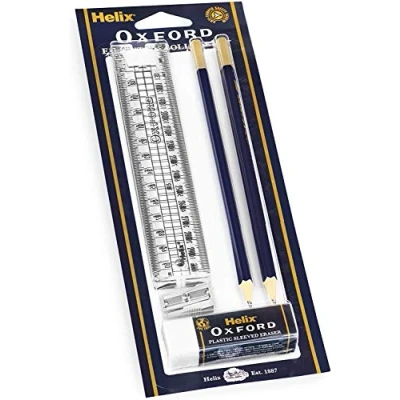 Image of Helix Oxford Executive College Set Includes Folding Ruler, Eraser, Sharpener and Pencils Blister Pack of 5