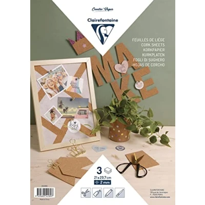 Image of Clairefontaine 354589C Bag of 3 Cork Sheets 2mm Thick A4 Size (21x29.7cm) Easy to Cut, Stick, Paint Manual Activities, DIY, Creative Hobbies