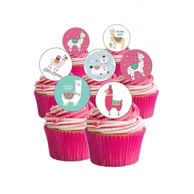 Image of 24 Precut Round Cute Llama themed Edible Wafer paper Cake Toppers