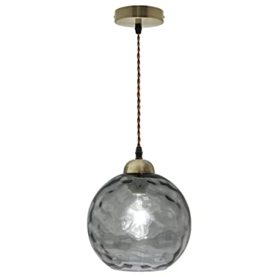 Image of Brass Pendant Light Grey Smoked Globe Ceiling Lamp Shade Ripple Glass Effect H3005