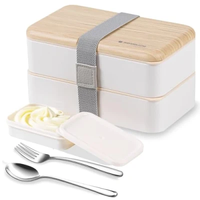 Image of Original Bento Box Lunch Boxes Container Bundle Divider Japanese style with stainless steel Utensils spoon and fork (White)