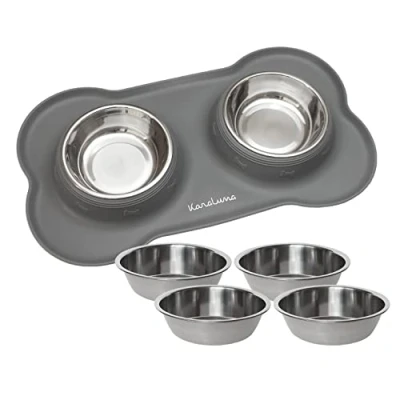 Image of KaraLuna Silicone Bowl Mat with Stainless Steel Feeding I for Cats and Dogs (200 ml, Grey)