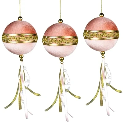 Image of 3Pcs Light Pink Ball Baubles Decorations 9cm Christmas Tree Hanging Festive Decorative Ornaments Fairy Tale Themed Xmas Pendant
