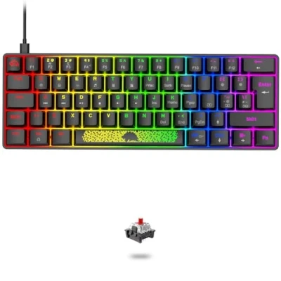 Image of 60% Compact 62 Keys UK Layout Wired Mechanical Keyboard, 7 Chroma RGB Backlight, Red Switch, Anti Ghosting, Media Keys, Laser carving, Ergonomic, Compatible With PC,Laptop Black