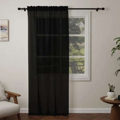 Image of Pacok Black Voile Curtains, 108 Drop Net Curtain for Windows, Rod Pocket Sheer Panel Curtains Living Room Kitcken Bedroom W56xL108 Inch(Black, 142 x 274cm)