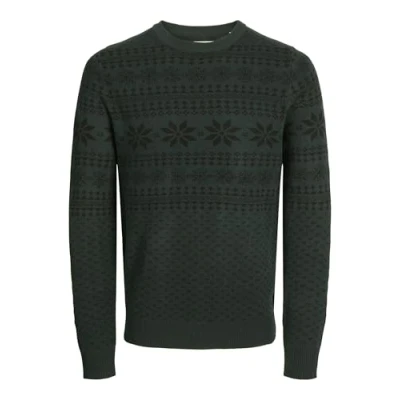 Image of JACK &amp; JONES Men&#039;s Jjxmas Gabriel Knit Crew Neck Jumper, Scarab/Pattern: w. Black, L