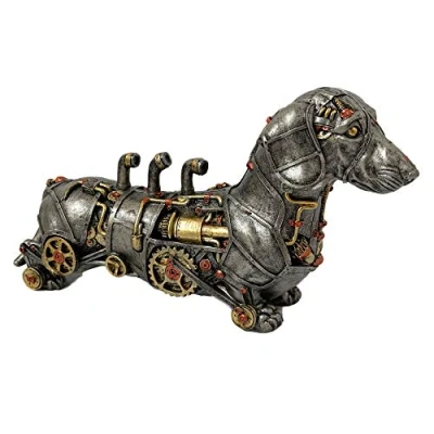 Image of Darthome Ltd Industrial Silver Resin Gothic Steampunk Daschund Sausage Dog Sculpture Ornament 31cm