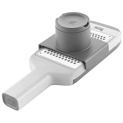 Image of ZWILLING 1009797 Z Cut Stainless Steel Multi Grater, Multifunctional, 4 Interchangeable Blade Inserts, Two Way Grating Technology, Integrated Drip Tray, Grey