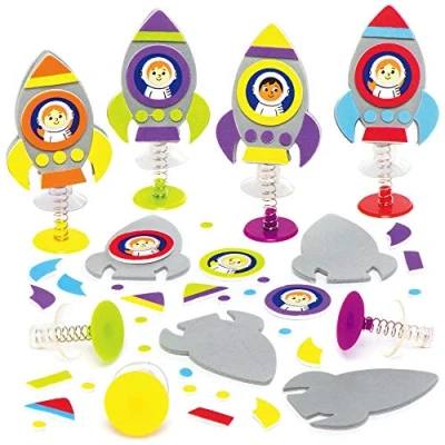 Image of Baker Ross AX181 Space Rocket Jumping Toys Pack of 8, Small Popping Toy Craft with Fun Spacemen Characters, Foam Sticker Art