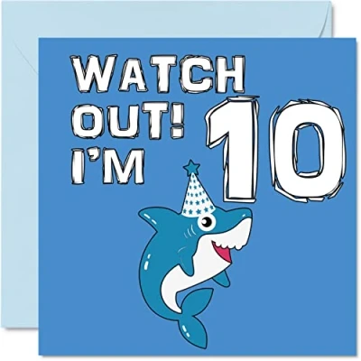 Image of 10th Birthday Card Boy Shark Watch Out Happy 10 Year Old Boy, Boys Cards for Him, 145mm x Greeting Son Brother Grandson Nephew Cousin God Tenth