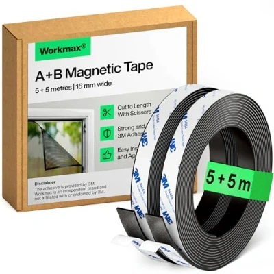 Image of WORKMAX® A+B Magnetic Tape for Fly Screens and Mosquito Nets (5+5 m) Cut to Fit Strip Strips Self Adhesive Roll with Backing