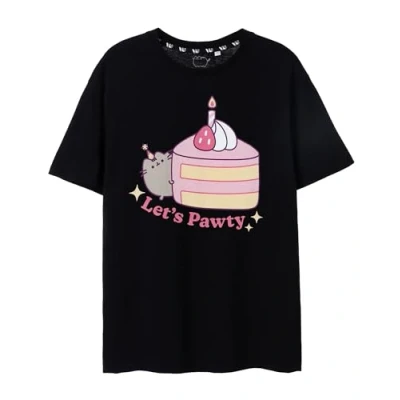 Image of Pusheen Womens T Shirt Black Let&#039;s Pawty Graphic Tee for Ladies Adorable Internet Cat Short Sleeved Top Lightweight Cute Tshirt Merchandise Apparel Gift Adults
