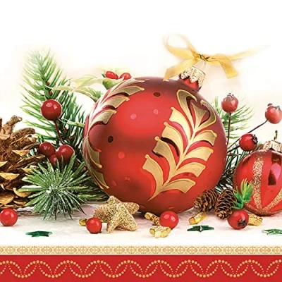 Image of DAISY 3 Ply Xmas Decoupage Tissue Paper Napkins Decorative Christmas Serviettes 33cm x Pack of 20 (Red Bauble)