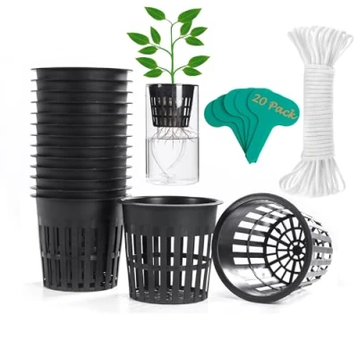 Image of ORIMERC 4 inch 20 Pack Net Cup Pots, with feet Self Watering Rope, Plant Labels, for Hydroponic Aquaponics Kratky Orchid Vegetable Indoor Outdoor Growing Baskets Nursery Slotted Mesh BPA Free