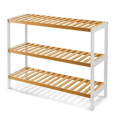 Image of KEPLIN 3 Tier Natural Bamboo Shoe Rack Easy Assembly &amp; Strong Design Shelf Organiser Ideal for Bedroom,Bathroom,Hallway Small Spaces Large Capacity Up to 12 Pairs of Shoes(55x70x25cm)