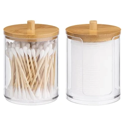 Image of Navaris Cotton Bud Holders 2 Stackable Clear Plastic Jars with Bamboo Lids Storage Containers for Pads, Hair Ties, Small Makeup Accessories