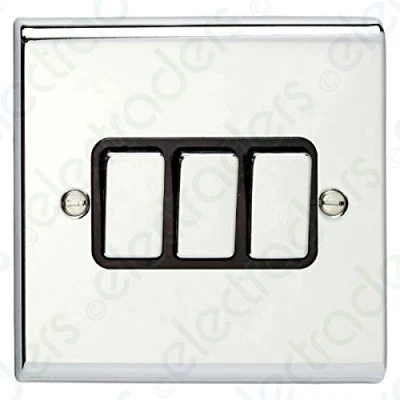 Image of Deta SD1205CHB Light Switch 10 Amp Triple 3 Gang 2 Way (Polished Chrome/Black Insert)