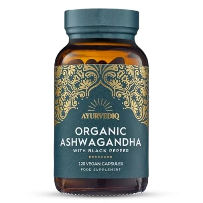 Image of Ayurvediq Wellness Organic Ashwagandha with Black Pepper Extract 650mg, 120 Capsules High Strength for Anxiety, Stress Relief Adults, Better Sleep Vegan Ayurvedic Products