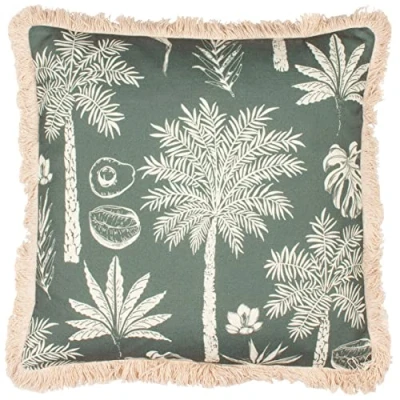 Image of Paoletti Colonial Palm Tropical Fringed Feather Filled Cushion Green One Size