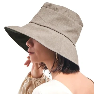 Image of CHARM Womens Summer Beach Sun Hat Wide Brim Gardening UV Protection Japanese Design Light Brown