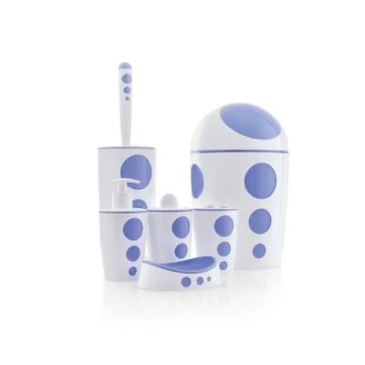 Image of 6 Piece Bathroom Set Modern Design with Circular Patterns Includes Bin, Soap Dish, Dispenser, Tumbler, Toilet Brush and Bros Holder (Blue)