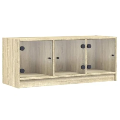 Image of vidaXL Sonoma Oak TV Cabinet with Glass Doors Engineered Wood Media Console for Living Room, 102cm Length