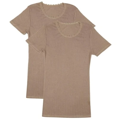 Image of EX M&amp;S Womens Pack of 2 Thermal Short Sleeve Pointelle Tops Ladies Warm Vest Size 6 28 (UK, Numeric, 8, Regular, Beige)
