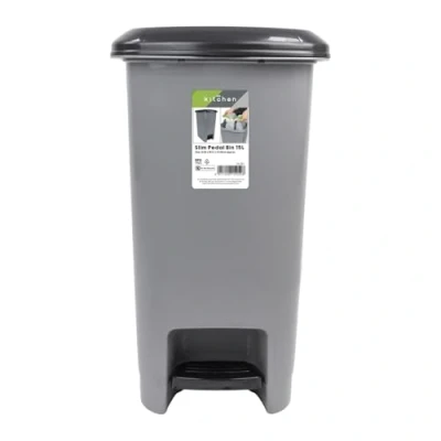 Image of JVL Slim Plastic Lidded Foot Pedal Waste Bin, 15L, Grey