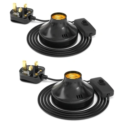 Image of TobeBright 2 Pcs E27 Bulb Holder with UK Plug and Switch, 100W Maximum, 1.8 Meter Cable, Vintage Lamp for Home Lighting Decoration, AC 230V, No (Black)