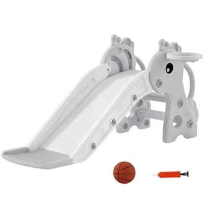 Image of AIYAPLAY 3 in 1 Kids Slide with Climber, Basketball Hoop and Ball, Grey