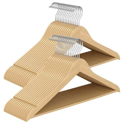 Image of SONGMICS Wooden Hangers, Pack of 30, Coat Pants Bar, 360 Swivel Hooks, Solid Birch Wood, for Jackets, Shirts, Coats, Natural Beige CRW030K01