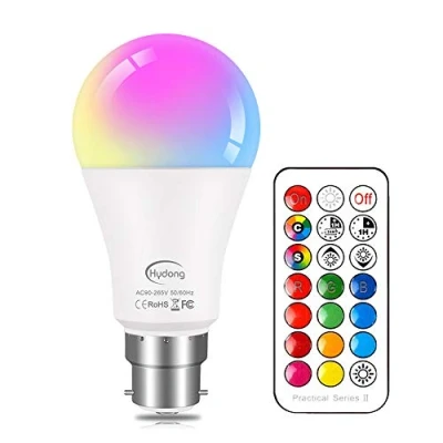 Image of HYDONG Colour Changing Bulb B22 10W Dimmable, RGBW LED Light Bulbs Mood Lighting with 21key Remote Control,Dual Memory Function,12 Color Choices for Home Dec