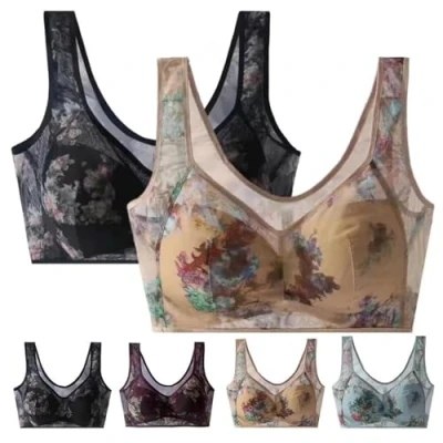 Image of GOOEIC Ellebloom Ice Silk Lace Cooling Comfort Bra, Bra for Older Women (Black+Beige,2L)