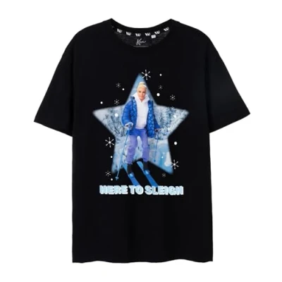 Image of Barbie Mens Christmas T Shirt Ken Here to Sleigh Short Sleeve Seasonal Graphic Tee for Adults Black Xmas Top Men Novelty Movie Fashion Crewneck Merchandise Gift Him