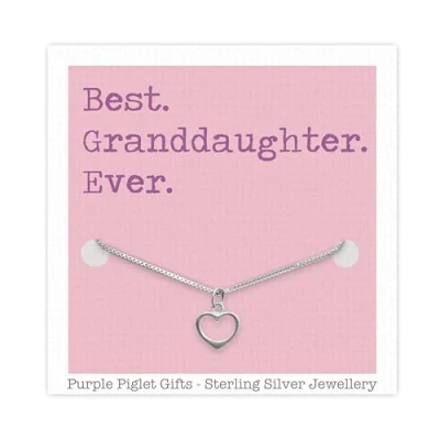 Image of Granddaughter Sterling Silver Heart Necklace Open Pendant Genuine Box Chain Versatile Design Unique &amp; Thoughtful Gift Birthday Present From Nana Granddad