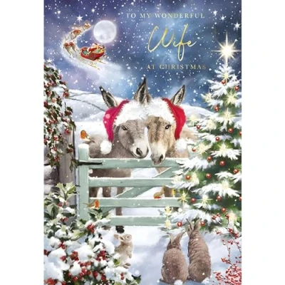 Image of Wife Christmas Card Wonderful Special Finish Artistic Donkeys and Farm Scene Festive Design Made in the UK Eco Friendly