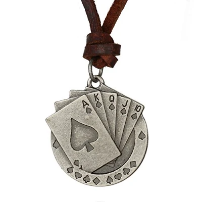 Image of DonDon Men&#039;s Leather Necklace with Poker Cards Pendant in a Velvet Gift Pouch