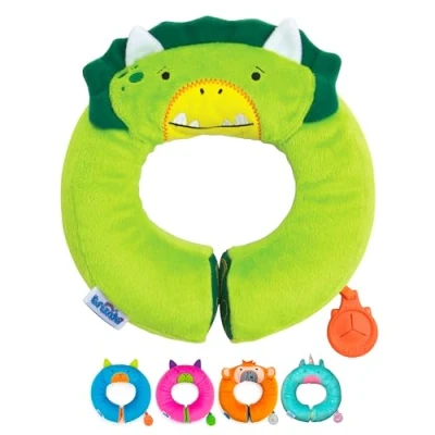 Image of Trunki Kid&#039;s Travel Neck Pillow And Chin Rest Support Sleepy Heads in the Car Seat, Plane, Bike or Pram Yondi SMALL Dudley Dinosaur (Green)
