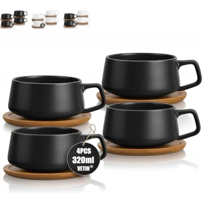 Image of VETIN 4 Pieces Cappuccino Cups with Saucer, Marble Cup, 300 ml Porcelain Espresso for Tea Coffee Cappuccino, Wooden Disc (Black x 4)