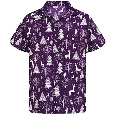 Image of King Kameha Men Christmas Santa Claus Office Party Short Sleeve Button Down Shirts, Reindeer Allover, Purple, XXL