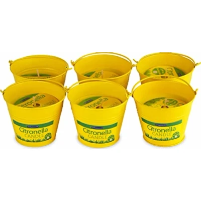 Image of Rowan Gardening Accessories Set Of 6 Outdoor Garden Citronella Candles in Yellow Tin Buckets