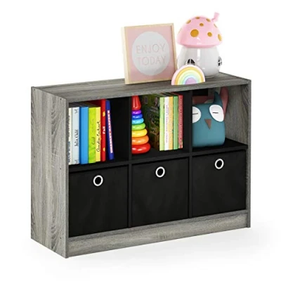Image of Furinno Basic 3x2 Bookcase Storage w/Bins, French Oak/Black, 80.26 (W) x 59.94 (H) 30.23 (D) cm
