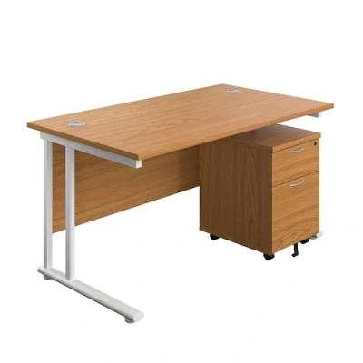 Image of Heavy Duty Rectangular Cantilever Office Desk, Home Desk With 2 Drawer Lockable Mobile Pedestal Filing Cabinet, File 5 Yr Wty