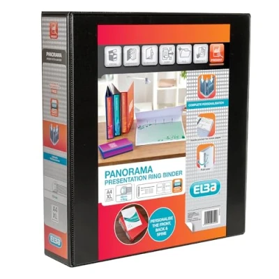 Image of Elba A4 4 D Ring Binder, 50mm capacity, 70mm spine, Presentation Folder with Customisable Cover, Portrait, Black (Single)