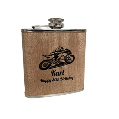 Image of Personalised Rutherfords Gifts Wood Wrap 6oz Hip Flask Motorcycle Design